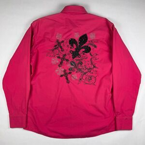 Y2K Ace Of Diamond Western Shirt Pink Embroidered Cross Fleur De Lis Medium